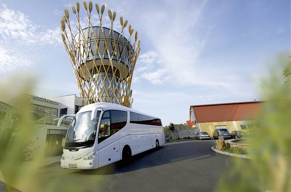 Groups visit Haubiversum and arrive with the bus just in front.