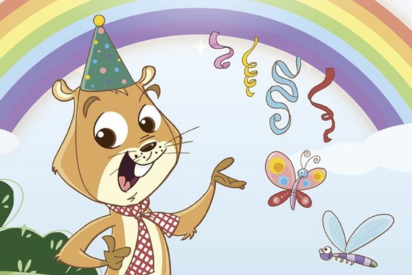 Anton Kornmeister mit Schmetterlingen unter einem bunten Regenbogen